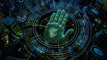 Hand with a fingerprint in city. Embodying security and business technology, cyber identity protection concept, reflecting the integration of digital safety measures and innovative solutions