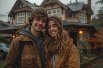 Obraz premium a man and a woman are posing for a picture in front of a house