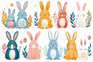 Obraz premium Happy Easter Eggs Basket Clipart Script space. Bunny in forest green flower Garden. Cute 3d color harmony easter rabbit illustration. Easter love card wallpaper funny easter card