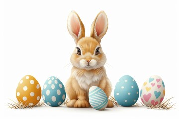 Happy Easter Eggs Basket Clover Green. Bunny in celebration flower Garden. Cute 3d toy bunny easter rabbit illustration. Easter Spiritual journey card wallpaper Eggs nest