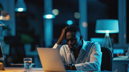 African american businessman working late at night in office. African-american entrepreneur in formal wear sitting at desk and working late at night . - obrazy, fototapety, plakaty