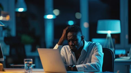 Foto op Canvas African american businessman working late at night in office. African-american entrepreneur in formal wear sitting at desk and working late at night . © Art AI Gallery