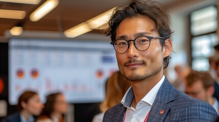 Fototapeta premium a man wearing glasses and a suit is standing in front of a group of people