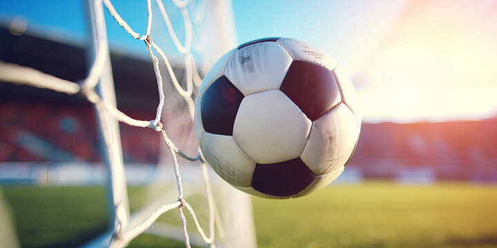 A close up view of the soccer ball in the soccer gate football goal.
