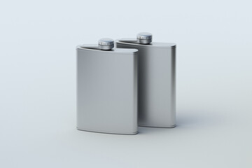 Hip flasks for alcohol on gray background. Container for drinking. Booze accessories. 3d render