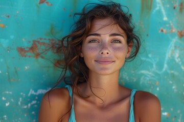 Woman with a serene smile over a blue textured backdrop.