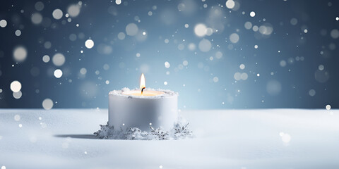 Burning Christmas candle in a snowy background with snowflakes Christmas candle winter landscape with bokeh background Ai Generative