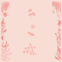 Patterns of wild creepers, butterflies, dandelions. Ecoprint in pink colors. Floral frame. Hand drawn. Doodle. Background with plants for social networks or print.