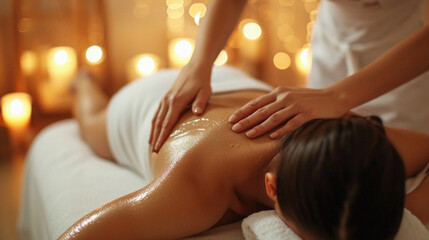 Obraz premium Young woman having back massage in spa salon, closeup. Beauty treatment