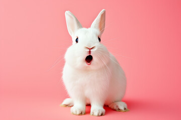 Obraz premium White cute rabbit is looking out of the image with a surprised expression on pink background, free space for your advertising 