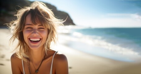 Wide banner showing a smiling beautiful blonde woman at the beach