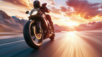 Motorcycle on the road at sunset. Extreme sport. Motion blur .
