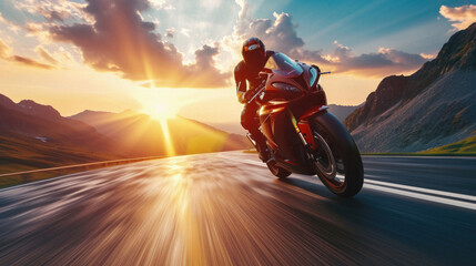 Motorcycle rider riding on the road. Extreme sport and travel concept . - obrazy, fototapety, plakaty