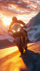 Motorcycle rider on the road in the mountains at sunset. Sport bike .