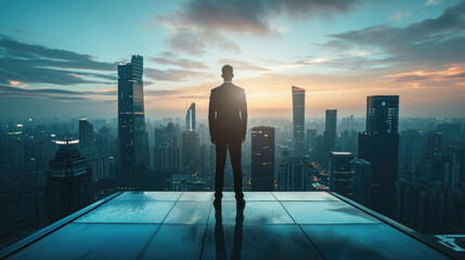 Businessman standing on top of the building with cityscape background .