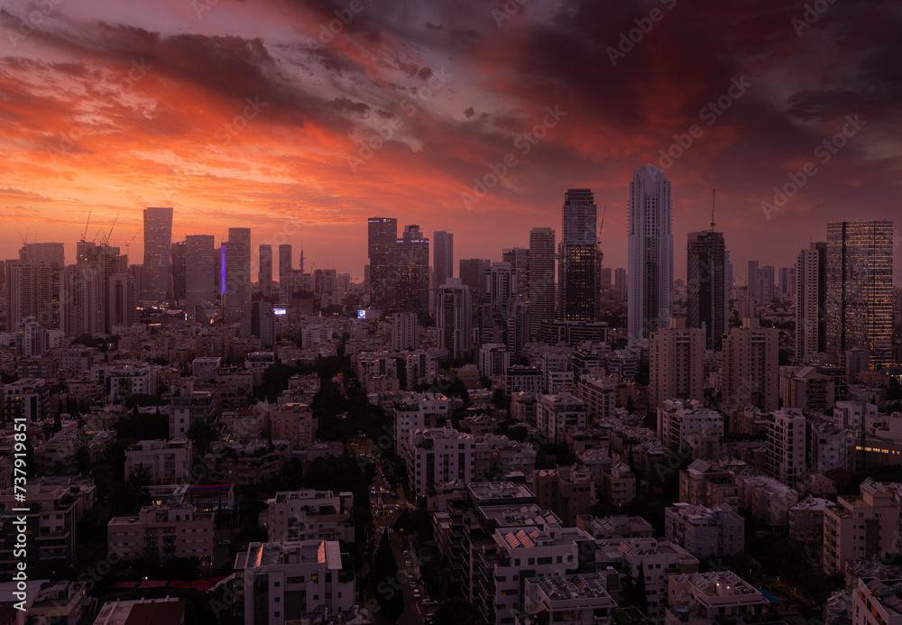 Poster Aerial view of Tel Aviv skyline, Israel at sunset