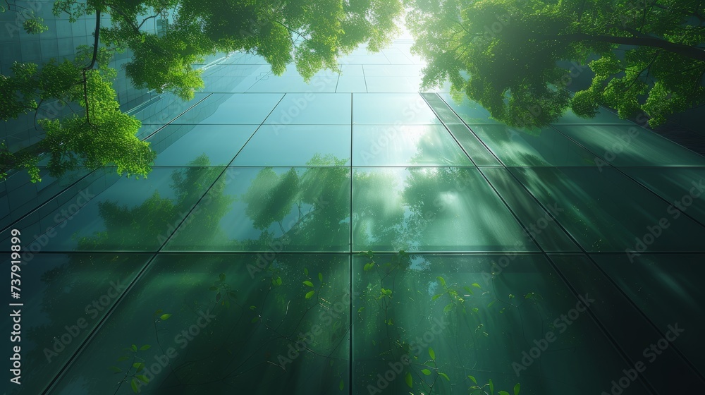 Poster In the modern city, an eco-friendly building with green tree branches and an energy-efficient glass structure. Office building with a green environment. The Go Green concept.