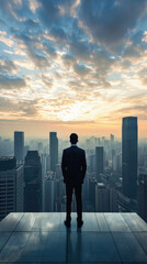 Businessman standing on top of the building and looking at the city