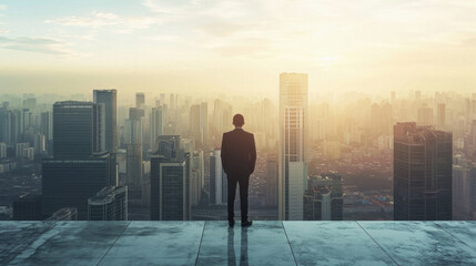 Naklejka na ściany i meble Businessman standing on top of building and looking at the city.