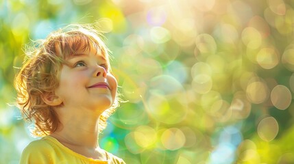 happy cute kid with smile and curious expression on face, isolated on blurred background.