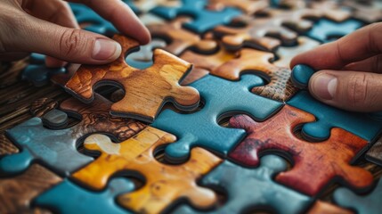 The concept of teamwork and partnership. Hands join puzzle pieces in the office. Business people working together as a team. Charity, volunteer. Unity, teamwork.