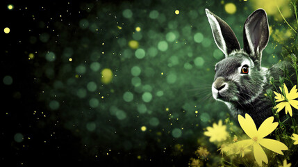 Grey Bunny on abstract green defocused background with yellowe flowers. Banner
