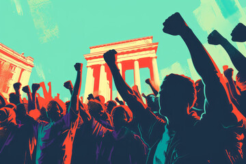 A protest scene featuring a crowd of people, with raised fists, standing in front of a historic landmark, united for a common cause.