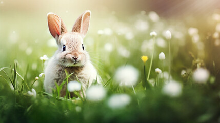 Beautiful cute bunny in the green field with white flowers