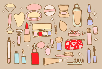 Doodle make-up set,beauty things.Vector illustration.