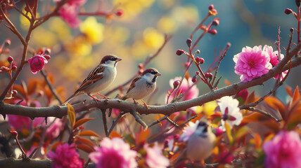 A mesmerizing panoramic vista of sparrow birds perched on a tree branch amidst a colorful array of flowers in a spring garden