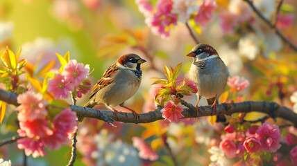 Obraz premium A mesmerizing panoramic vista of sparrow birds perched on a tree branch amidst a colorful array of flowers in a spring garden