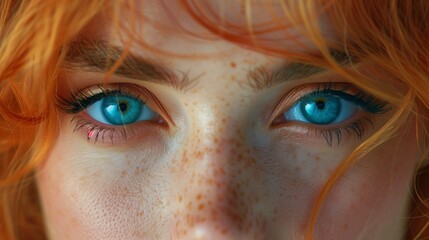 Close up of womans face revealing blue eyes, freckles, eyelashes, and wrinkles