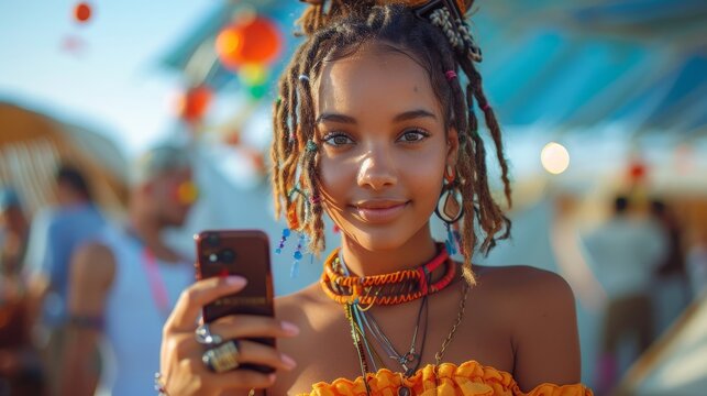 The picture shows a young African American woman texting with friends at a music festival.