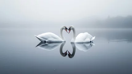 Fotobehang A pair of swans gracefully gliding on a calm lake © UMAR SALAM