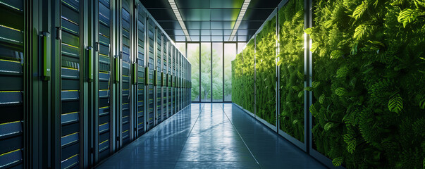 A large-scale data center fueled by sustainable energy sources, showcasing the integration of technology and environmental stewardship.