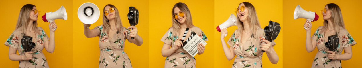Collage of five images beautiful youngg woman in orange eyeglasses holding film camera and megaphone, classic white film making clapperboard isolated on yellow background. - obrazy, fototapety, plakaty