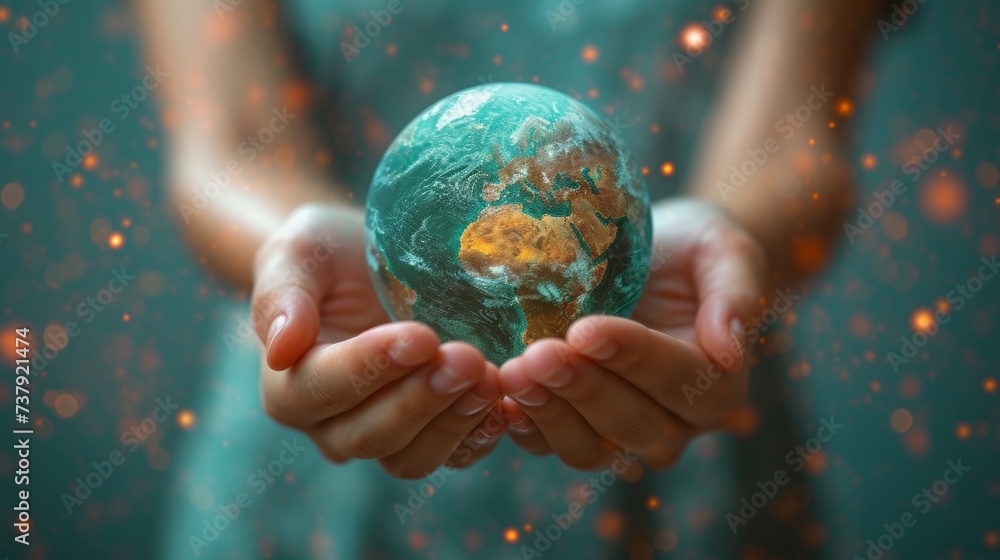 Poster concept of sdgs in the form of hands holding a global communication network with an environment icon