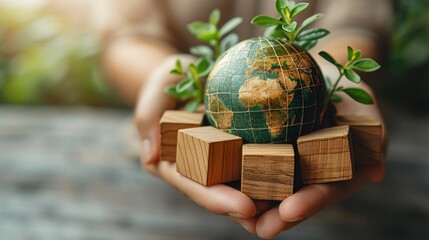 Creating a green environment and business. Creating a green community. Hand holds wooden cubes with eco globe on grey background.