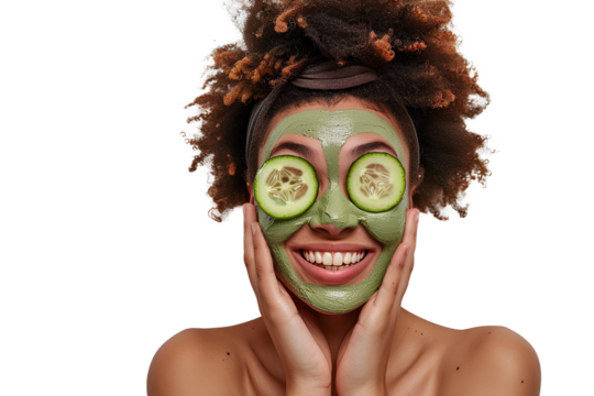 Young woman applies facial clay mask and cucumber slices over eyes, enjoys pampering procedures smiles gently isolated transparent background.