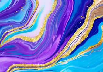 Abstract liquid marble art background with sparkly gold glitter elements