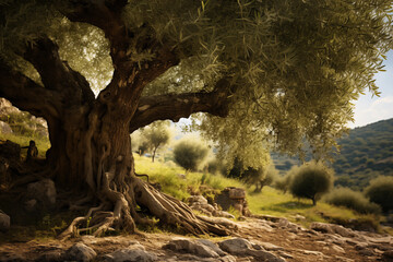 Mediterranean olive field with old olive tree