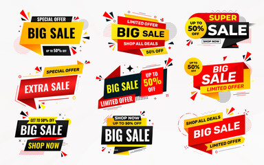 Big sale banner set. Special offer price label design. Product discount festival sale tag design. Super Sale pormotion banner template. Flat sale Vector Illustration.