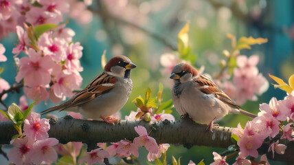 A panoramic vista of sparrow birds resting peacefully on a tree branch amidst blooming flowers in a picturesque spring garden
