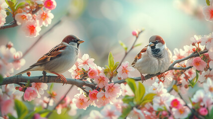 A panoramic vista of sparrow birds resting peacefully on a tree branch amidst blooming flowers in a picturesque spring garden