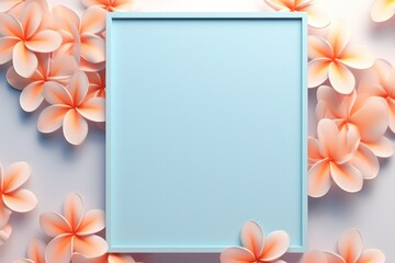 Obraz premium rectangular square frame with pink tropical plumeria flowers and leaves copy space center light blue background. Thai beauty, spa and massage place flyer template.