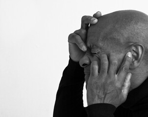 deafness suffering from hearing loss on grey white background with people stock image stock photo	