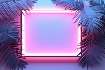 white and pink color rectangular square neon frame podium with tropical palm tree leaves on light blue, background template