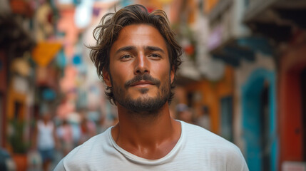 Fototapeta premium Casually Man, Walking Through a Bustling City Street