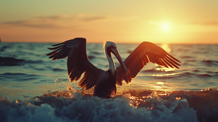 A pelican spreading its wings in a coastal breeze