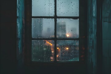Gloomy view of rain through a window on a dreary day. Concept Rainy Day Blues, Dreary Weather, Moody Window View